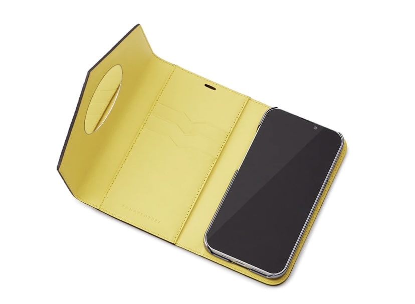 ボナベンチュラのiPhone 15ミラーケース 肩掛け ストラップ付き シュリンクレザーの外側のカード収納