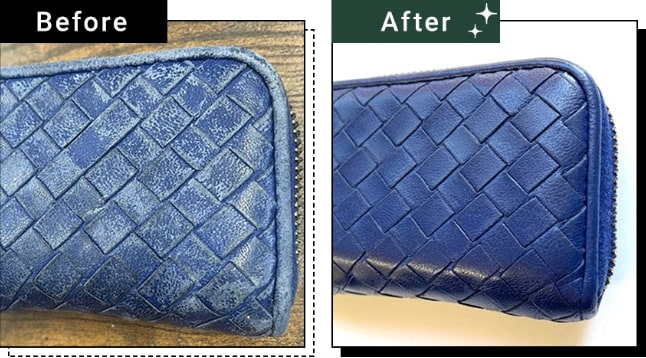 擦れてしまったボッテガヴェネタの青い財布とクリーニング後新品のように仕上がったボッテガヴェネタの青い財布