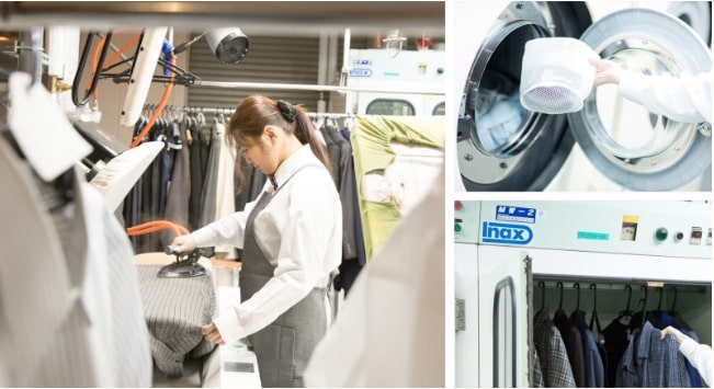 アイロンをかける女性職人、洗濯機に洗濯物を入れる手、業務用乾燥機にかけられたシャツ